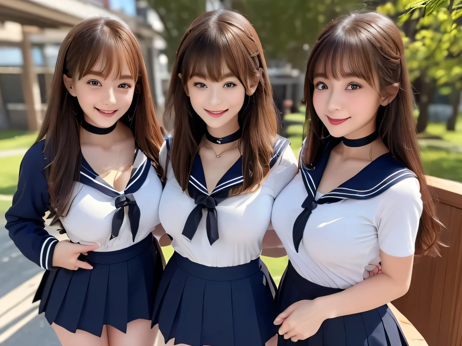 100 Girls,Crowded, Long Hair, Brown Hair, sexly, A row of girls, Girls standing in a row, Girls only, Sisters, ((uniform。Sailor suit、mini skirt))，Full body photo:1.9， adorable， smile， Slim face, Slim body， Short Brown Hair， 32k, masterpiece， Best image quality，Ultra-high resolution，Perfect hands，Black Choker、blue eyes、bangs、Very numerous and very long eyelashes, Lots of girls、 Dependents, Fully booked, Big Breasts、classroom、Beautiful girls in sailor suits、Big Breasts、Huge breasts