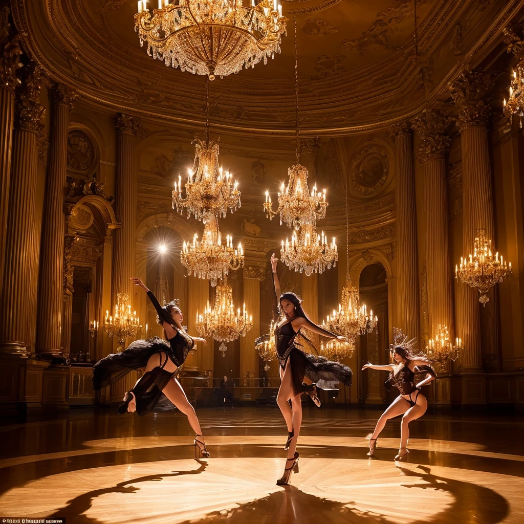 Three pretty, beautiful women perform an intensely synchronized dance in a large hall under a chandelier. The scene is grand and powerful, with dynamic shots capturing the energy and precision of their dance. Lighting includes flashing lights and dramatic color changes to enhance the dramatic effect.