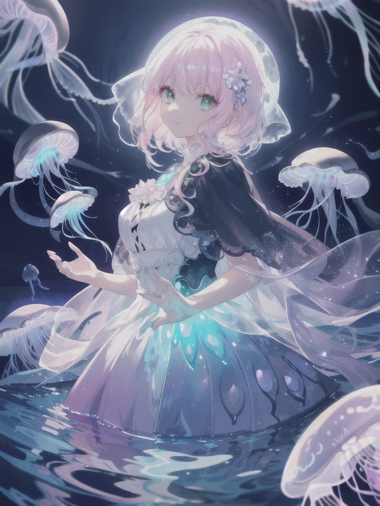 (absurdres, highres, ultra detailed), 1 female , adult, beautiful, tall girl, finely detailed eyes and detailed face, white long pink hair, green eyes, white dress with black jewellery crafted cape, standing on calm lake water, moonlight reflection on lake wate,(full moon:1.2), bioluminescence forest, jellyfish floating around the girl, (many glowing jellyfish:1.2) , (verious size jellyfish),  natural light and shadow, night time, glowing flowers, intricate details,There are shiny particles flying around the woman, fantastic, fairy tale, mysterious, shining sparkle (((wide angle zoom out shot:1.5))(