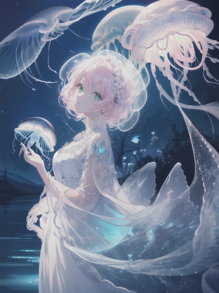 (absurdres, highres, ultra detailed), 1 female , adult, beautiful, tall girl, finely detailed eyes and detailed face, white long pink hair, green eyes, white dress with black jewellery crafted cape, standing on calm lake water, moonlight reflection on lake wate,(full moon:1.2), bioluminescence forest, jellyfish floating around the girl, (many glowing jellyfish:1.2) , (verious size jellyfish), natural light and shadow, night time, glowing flowers, intricate details,There are shiny particles flying around the woman, fantastic, fairy tale, mysterious, shining sparkle (((wide angle zoom out shot:1.5))(