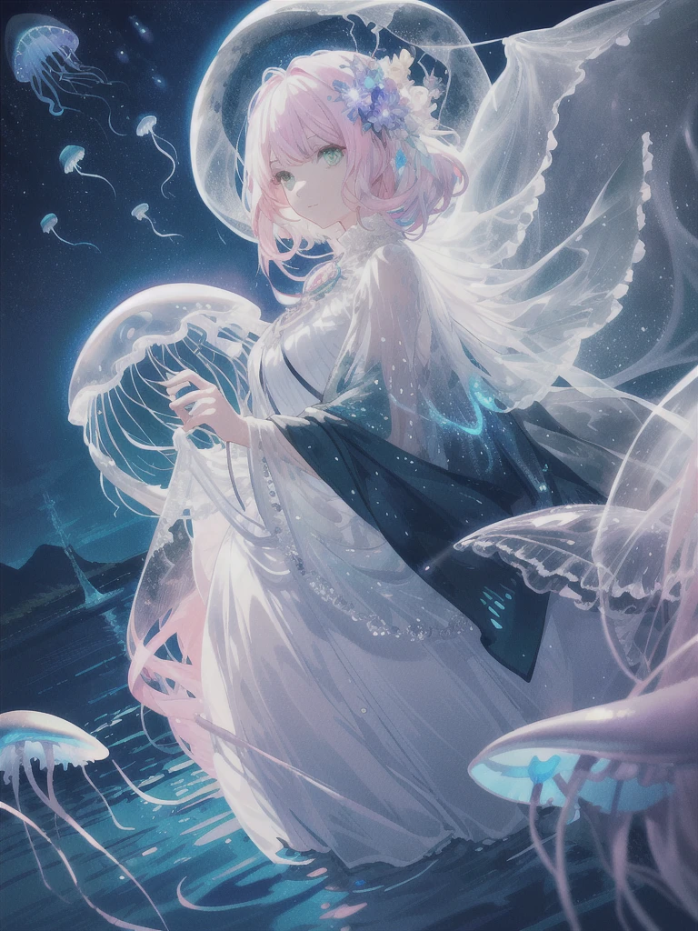 (absurdres, highres, ultra detailed), 1 female , adult, beautiful, tall girl, finely detailed eyes and detailed face, white long pink hair, green eyes, white dress with black jewellery crafted cape, standing on calm lake water, moonlight reflection on lake wate,(full moon:1.2), bioluminescence forest, jellyfish floating around the girl, (many glowing jellyfish:1.2) , (verious size jellyfish), natural light and shadow, night time, glowing flowers, intricate details,There are shiny particles flying around the woman, fantastic, fairy tale, mysterious, shining sparkle (((wide angle zoom out shot:1.5))(