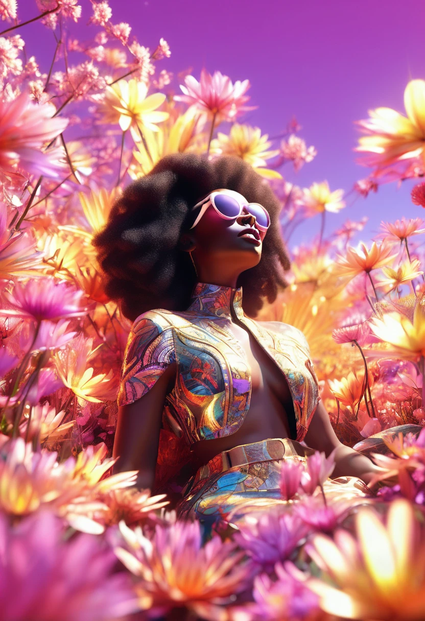A luminescent 3D render of a black woman dressed in african attire and wearing sunglasses reclining amidst a kaleidoscopic garden of blossoming flowers, petals shimmering with an otherworldly glow, as dice fall from the sky, their scattered trajectory eerily reflected in the black woman's sunglasses, like a celestial omen. The image bursts with vibrant, exaggerated hues, reminiscent of Pixar's fantastical realms, illuminated by a dramatic ring light that underscores the surreal quality of this intergalactic oasis.