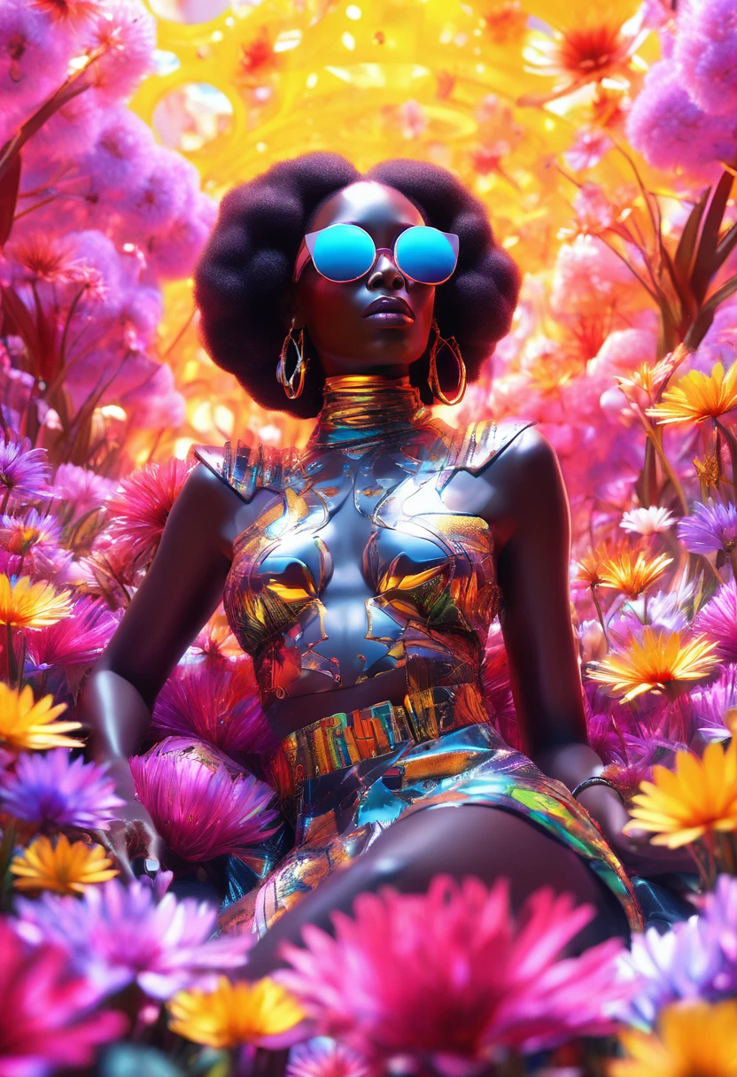 A luminescent 3D render of a black woman dressed in african attire and wearing sunglasses reclining amidst a kaleidoscopic garden of blossoming flowers, petals shimmering with an otherworldly glow, as dice fall from the sky, their scattered trajectory eerily reflected in the black woman's sunglasses, like a celestial omen. The image bursts with vibrant, exaggerated hues, reminiscent of Pixar's fantastical realms, illuminated by a dramatic ring light that underscores the surreal quality of this intergalactic oasis.