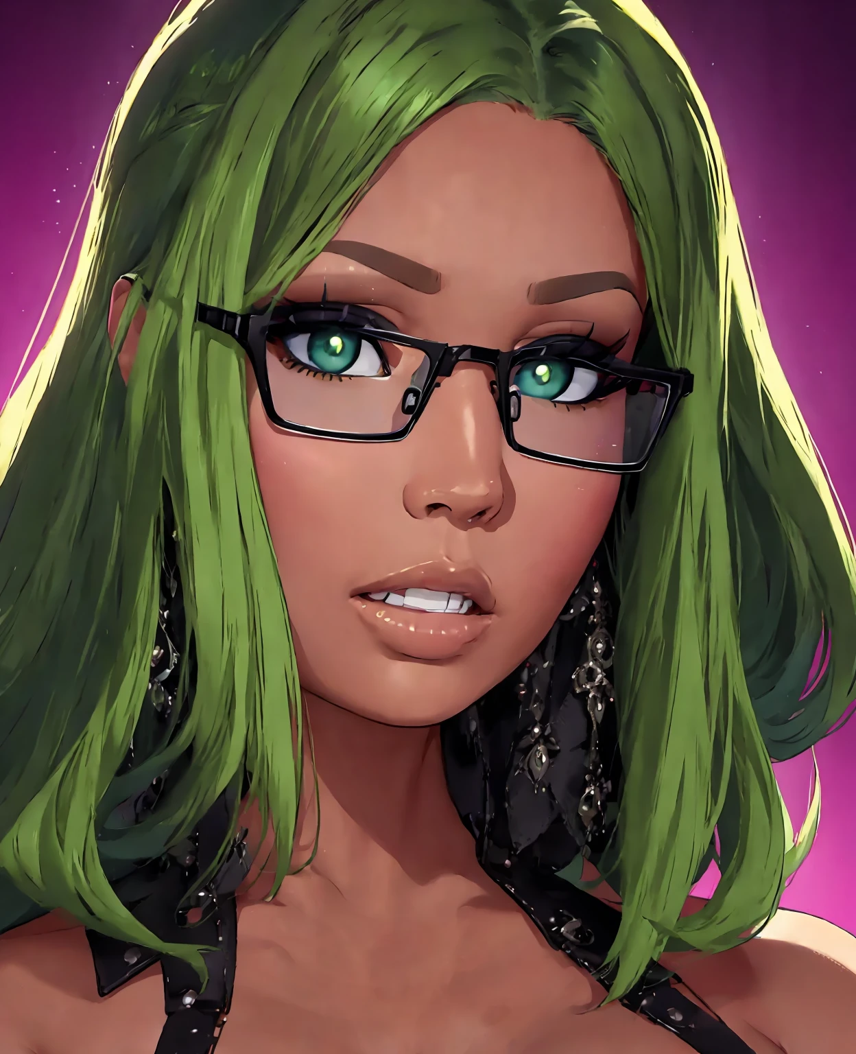 beautiful detailed eyes, beautiful detailed lips, extremely detailed eyes and face, longeyes lashes, Nicki Minaj, 1girl, green hair, glasses, sexy, intricate detailed face, flawless skin, elegant, alluring, sensual, glamorous, high fashion, editorial, cinematic lighting, vibrant colors, neon green, dramatic lighting, atmospheric, moody, high contrast, striking