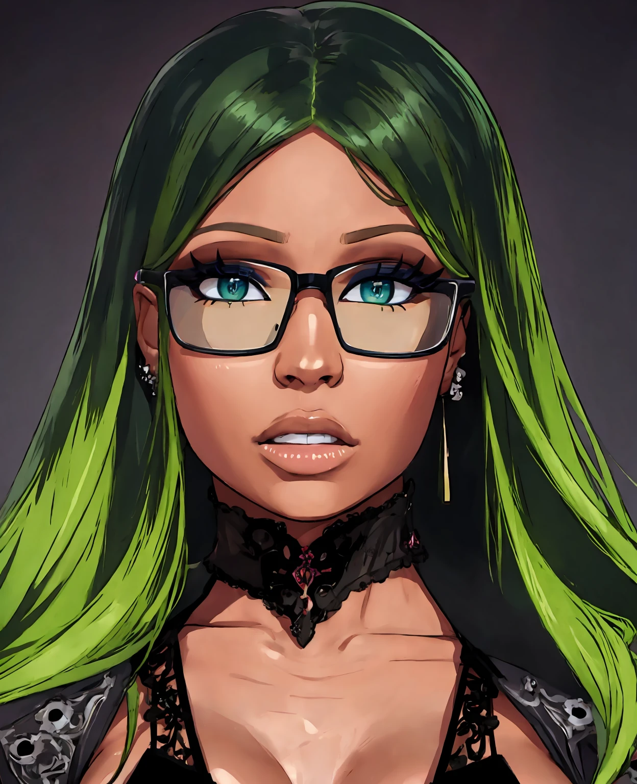 beautiful detailed eyes, beautiful detailed lips, extremely detailed eyes and face, longeyes lashes, Nicki Minaj, 1girl, green hair, glasses, sexy, intricate detailed face, flawless skin, elegant, alluring, sensual, glamorous, high fashion, editorial, cinematic lighting, vibrant colors, neon green, dramatic lighting, atmospheric, moody, high contrast, striking