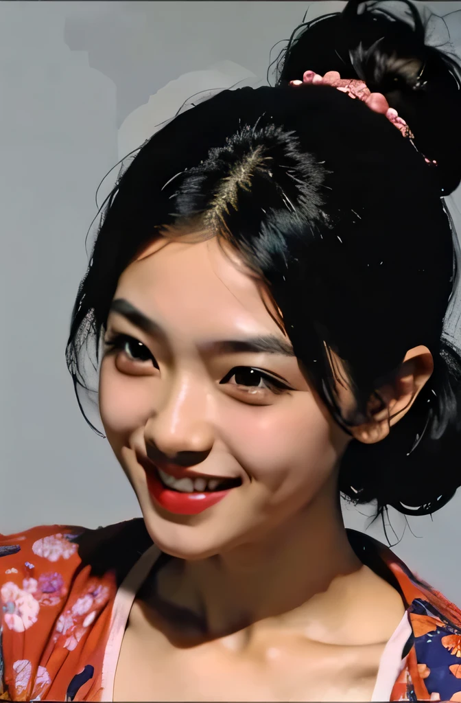 Beautiful Asian girl, laughing hysterically, bun hair, close up