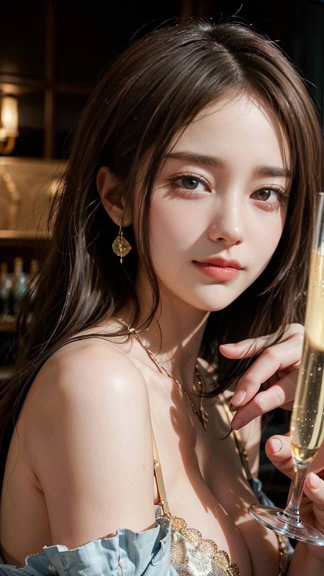 (Masterpiece, BestQuality:1.3), (ultra detailed:1.2), (hyperrealistic:1.3), (RAW photo:1.2),High detail RAW color photo, professional photograph, (Photorealistic:1.4), (realistic:1.4), ,professional lighting, (japanese), beautiful face, (realistic face), cute woman, (Brown Hair, Big Breasts:1.5), (cheerful Smile:1.35), Trending Hair&Trending Hairカラーをランダムに, earrings, necklace, bracelet, sexly, erotic sexly, (Gold Mini Dress、Luxury Party、Provocative smile、holding champagne glasses:1.4), Beautiful location, (Detailed Background))