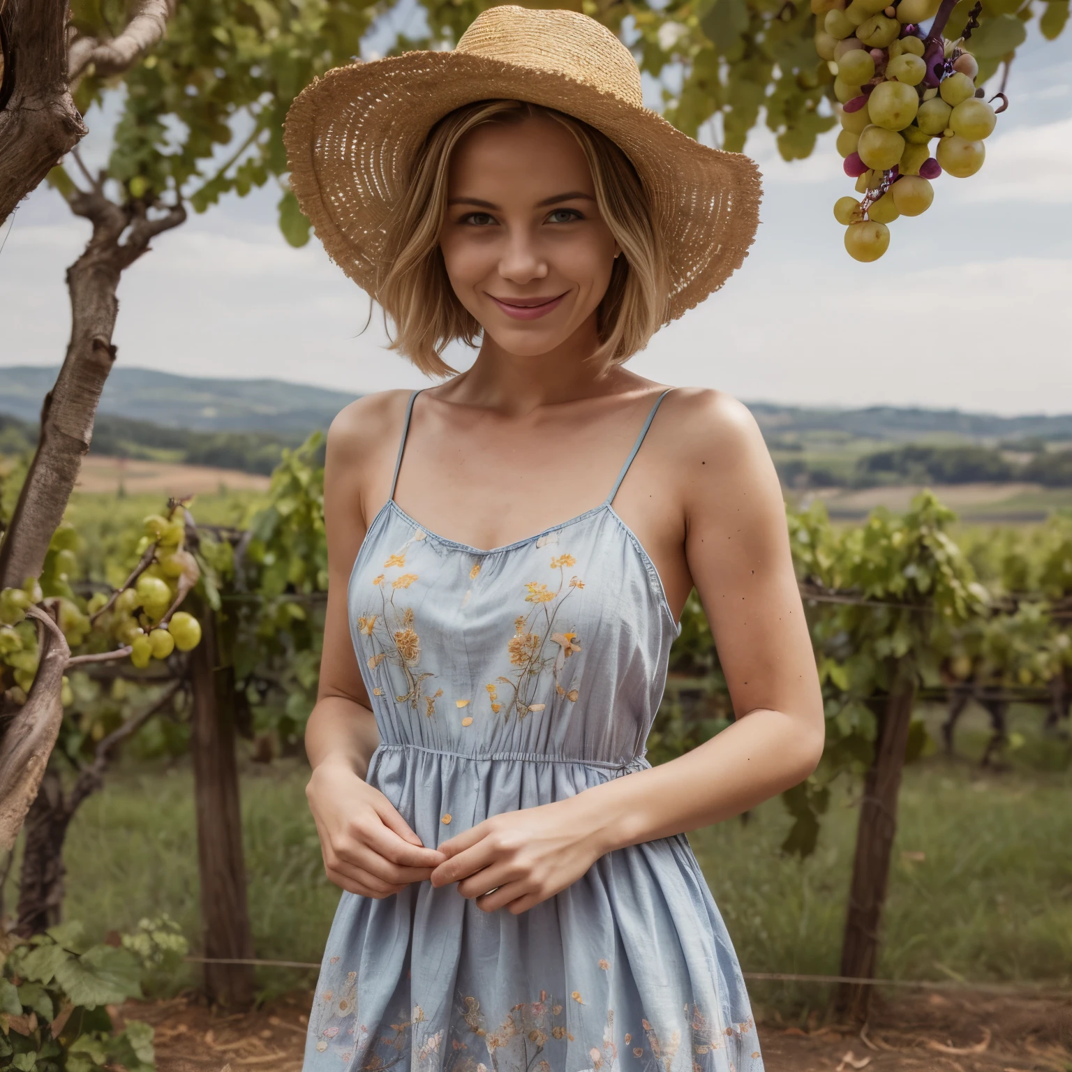 **April - Nature in Bloom in the Palatinate**

In the April calendar scene, LaGermania poses amidst a blooming vineyard in the Palatinate. She wears a linen sundress in shades of lavender and green, its woven fabric and floral patterns capturing the essence of the region. Her blonde hair is adorned with grapevine leaves. Her expression is happy and curious, with a playful smile. The background features rows of grapevines and rolling hills, with blossoms in the foreground. The sundress's breezy texture and embroidery reflect the charm of the Palatinate. LaGermania's posture is carefree, one hand holding a straw hat while the other gathers grapes. The scene captures the enchanting beauty of the Palatinate in bloom.
