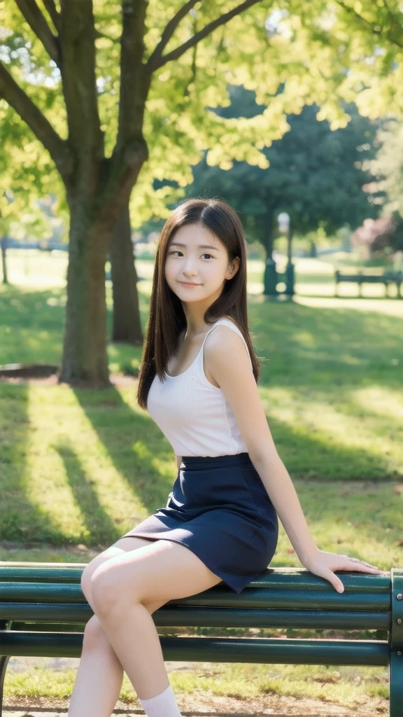 1girl, 18 year old, ((whole body)), from front, on a bench in a city park, various poses