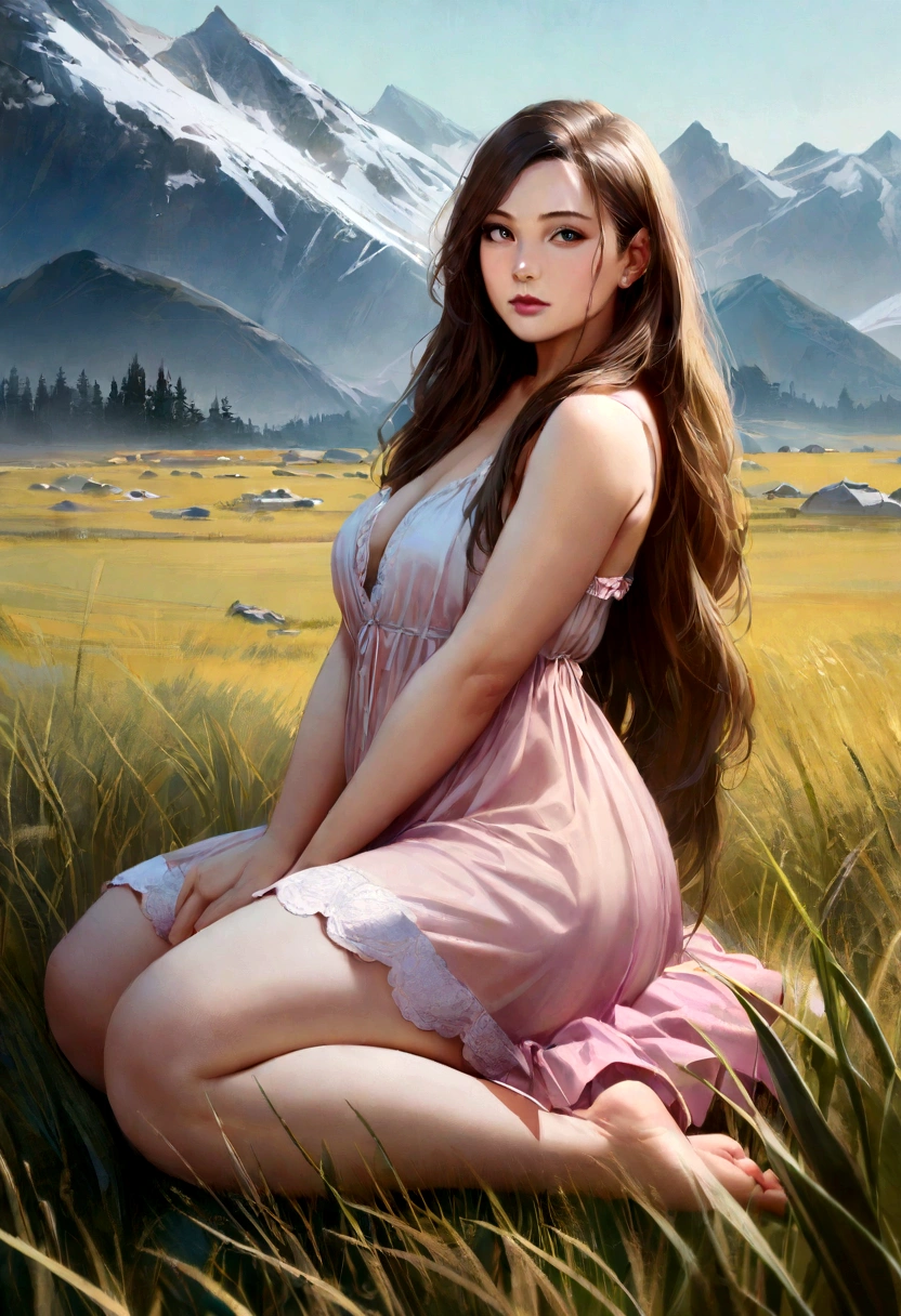 1girl in, 25 years old, Square face, Long hair, fat body, Looking at viewer, jewelry, Realistic, Sexy, nightgown outfit, colorful outfit, Background of grasslands and mountain peaks, posture sit