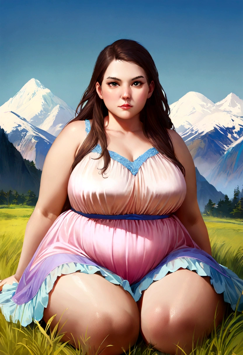 1girl in, 25 years old, Square face, Long hair, fat body, Looking at viewer, jewelry, Realistic, Sexy, nightgown outfit, colorful outfit, Background of grasslands and mountain peaks, posture sit