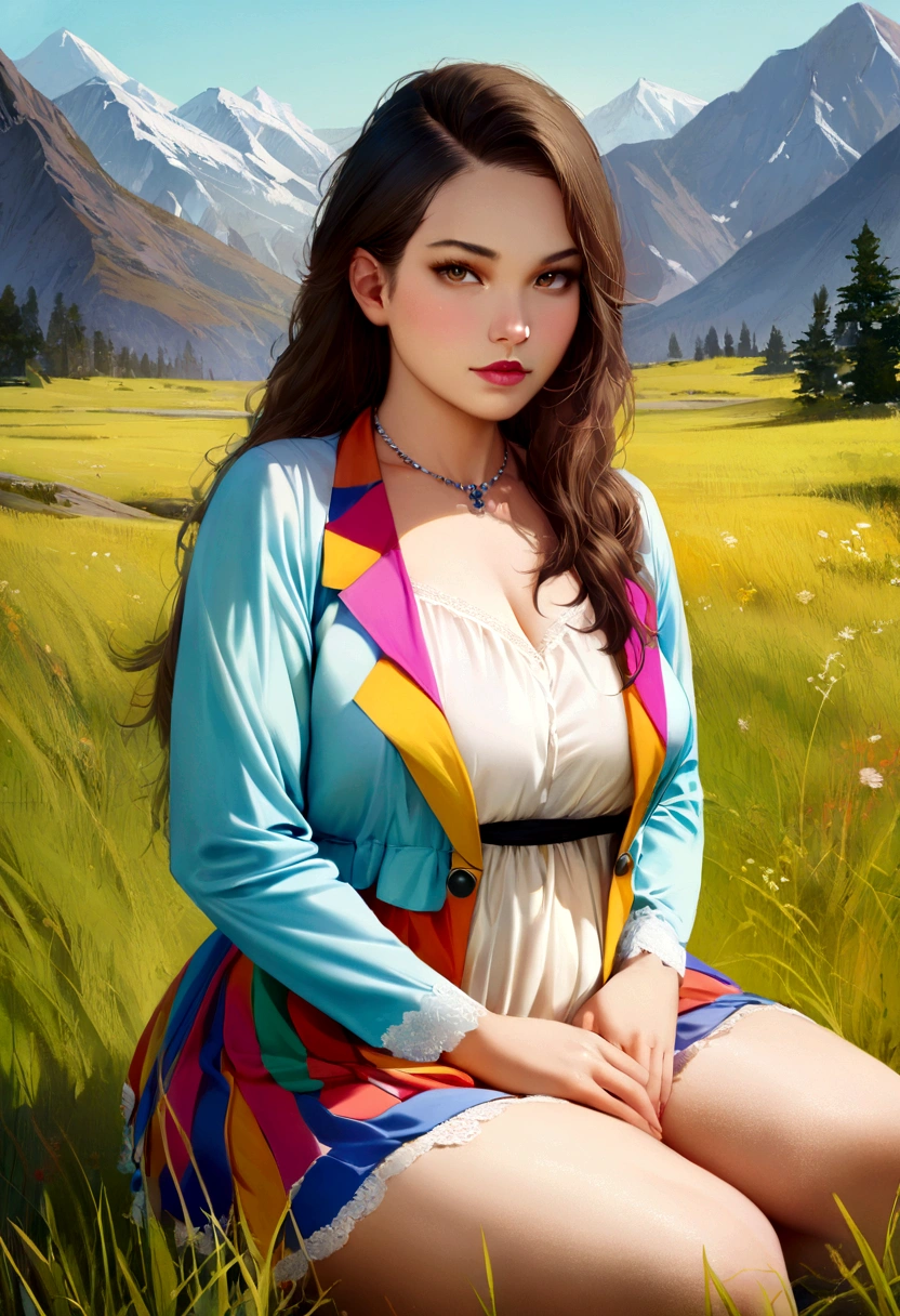 1girl in, 25 years old, Square face, Long hair, fat body, Looking at viewer, jewelry, Realistic, Sexy, nightgown outfit, colorful outfit, Background of grasslands and mountain peaks, posture sit