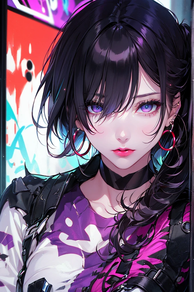 hair above one eye, red eyes, clear eyes, choker, Neon Shirt, torn legwear, open jacket, towards the wall, brick wall, graffiti, shining grafiti, shineing tattoos, shine, neon light, Black light,anime style, movie portrait photography, 1 female, 22 years ago, whole bodyエスビアン,Blue eyes background, big and full breasts, Anger, (scarlet colored hair), long hair, purple eyes, wearing a short black dress, (natural skin texture vivid details, surreal, (realistic detailed eyes, natural skin texture, realistic facial details), soft and dramatic lighting, Depth of written boundary, bokeh, vivid details, surreal, 35mm movie, hazy blur, movie,lipstick, ear piercing, eye shadow, hoop earrings, Red-pink lips, Multicolored red eyes, purple theme,Wear an iridescent aura,beautiful eyes,stand in front of the red gate,bold pose、upward glance,upper ponytail,Hanging bangs、shoot from below、peeping、Face straight down、Angle seen from the feet,boots,(((Shooting from various angles)),Peeking in from above,whole body