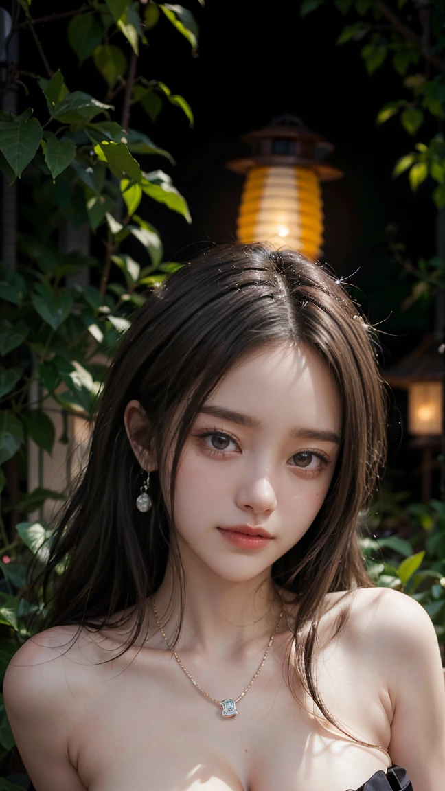 (Masterpiece, BestQuality:1.3), (ultra detailed:1.2), (hyperrealistic:1.3), (RAW photo:1.2),High detail RAW color photo, professional photograph, (Photorealistic:1.4), (realistic:1.4), ,professional lighting, (japanese), beautiful face, (realistic face), cute woman, (Brown Hair, Big Breasts:1.5), (cheerful Smile:1.35), Trending Hair&Trending Hairカラーをランダムに, earrings, necklace, bracelet, sexly, erotic sexly, (Black silk dress、Night garden、Mysterious Gaze、Illuminated by the light of a lantern:1.4), Beautiful location, (Detailed Background))