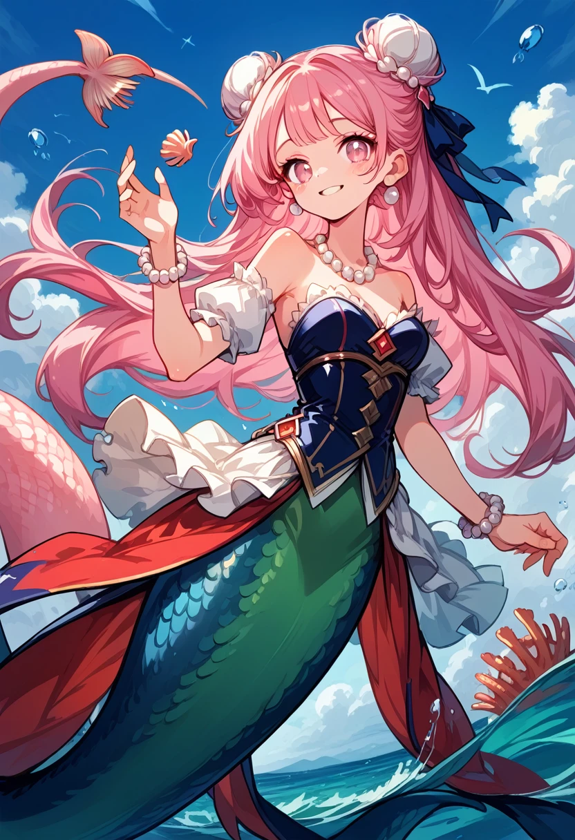 Very detailed, masterpiece, high quality, magically transformed into a mermaid、cute anthropomorphic mouse girl, Fantasy, Race change, smile, Anime Style, Mouse Ears, Long mermaid tail below waistline, pelvic and dorsal fins, She has a pair of fish gills on her neck, Seashell bra, pearl earrings and bracelet, Pearl Necklace,masterpiece, 最high quality, High resolution, {Detailed and beautiful eyes}, finely,  Detailed and beautiful eyes,1 Girl, (alone:1.5),  (Hair Ribbon:0.4), Pink Eyes,Cinematic Angles,perspective,(((White bun hair))),(((Long pink hair))),whole body,Kunimi Tama,