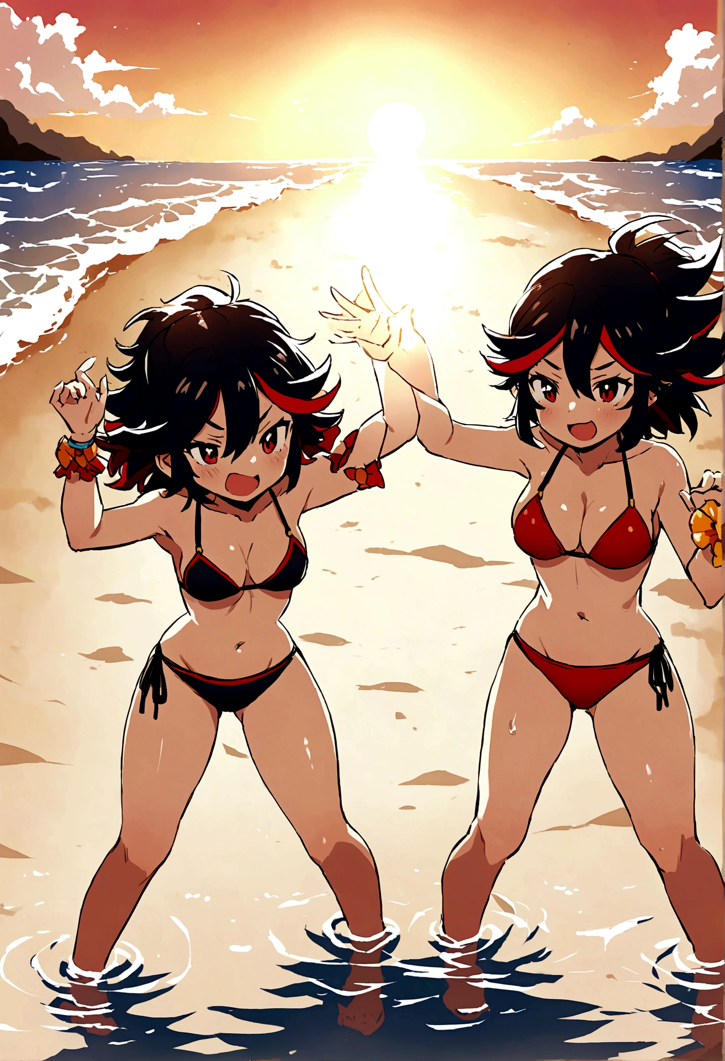 18 year old Yoruichi Shihōin from Bleach with tanned skin in a red thong bikini flexing her muscles with her hands behind her head so they are not visible to pridefully show off her rock hard abs and sitting on her heels on a mountain ledge, highly detailed 