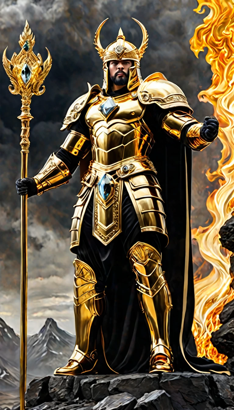 high qualiy), photorrealistic, (oil painting)
jewerly, (standing alone),
(dynamic pose), to the right, fire, (majestic), (clear landscape), emperor on his golden throne, manly, muscular, (holding diamond scepter), dynamic pose, cinematic, dramatic camera angle, golden armour:0.25, blackw & gold cover, (good anatomy), (good proportions), awardwinning, work of art, centred,
