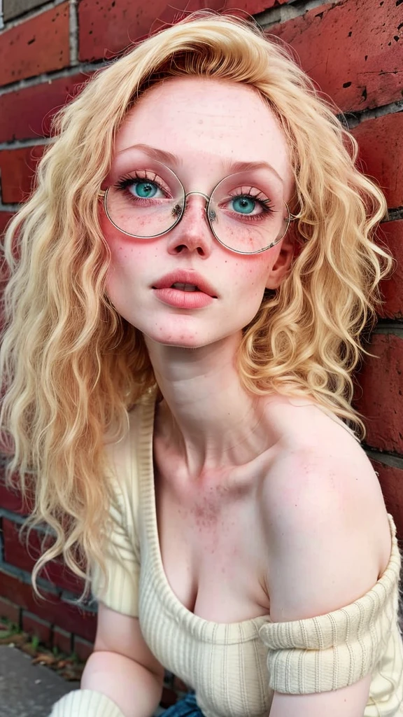 1 Russian woman, legitimate albino, extremely thin and beautiful, perfect body, (well-shaped and delicate face with (freckles)), skin with highly detailed depth, she is leaning against a brick wall, (hair over her eyes, long, slightly messy and shiny, wavy blonde hair), (detailed, large and bright eyes, light green eyes, curled eyelashes, large glasses), (sensual pout with mouth), wearing a short sweater showing off her shoulders, (she is sweaty ( glistening with sweat)), ultra realistic image, perfect symmetry, vibrant and sharp, dynamic vision, high quality, hyper-realistic and cinematic 32k.