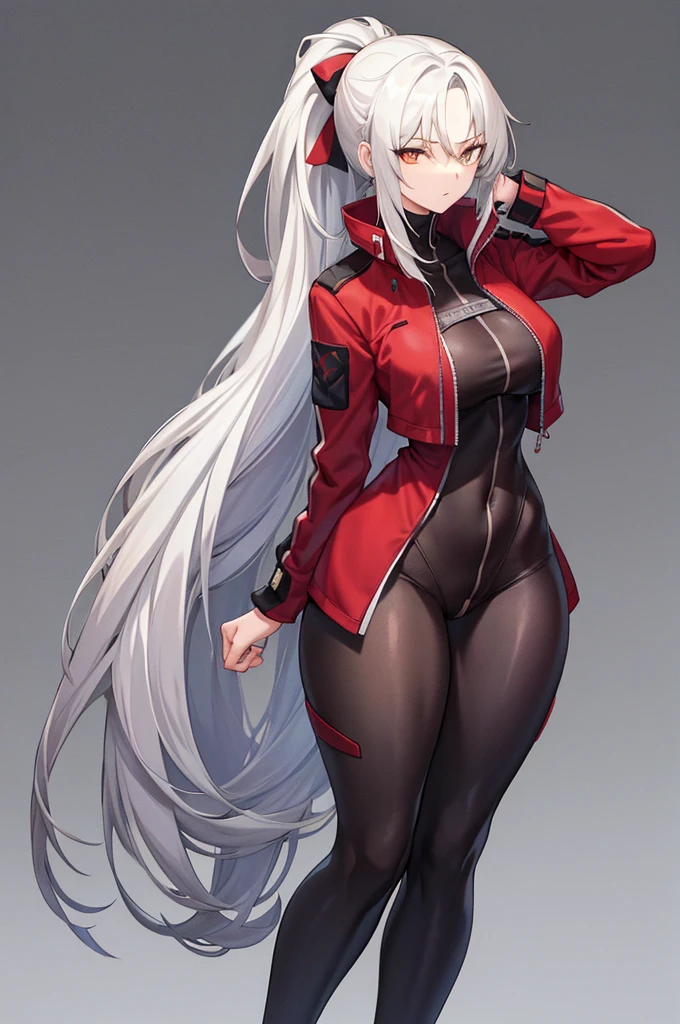 Tall, slim, She has long grey hair tied back in an enormous, messy ponytail that reaches down to her thighs, hair covering one eye, she wears a red jacket, wearing a black full-body suit, golden eyes, angle from below, laboratory background, wide hips, resting hand on head