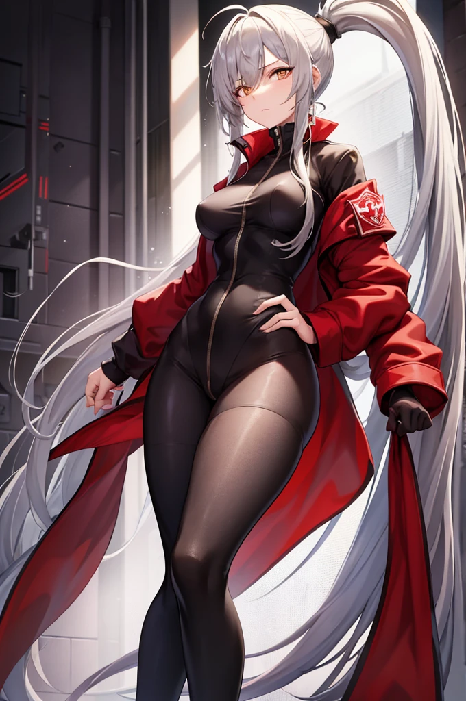 Tall, slim, She has long grey hair tied back in an enormous, messy ponytail that reaches down to her thighs, hair covering one eye, she wears a red jacket, wearing a black full-body suit, golden eyes, angle from below, laboratory background, wide hips, resting hand on head