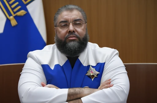 8 Generais estão em uma mesa de vidro , ao centro da mesa tem um aparelho que usa uma tela de olho grama mostrando o universo, The space general wears a futuristic uniform, he is fat bearded, long sleeve uniform , he has his arms crossed seriously, speaking to the viewer, He wears a white general&#39;s hat on his head. Visão completo de todos os participantes da reunião.
