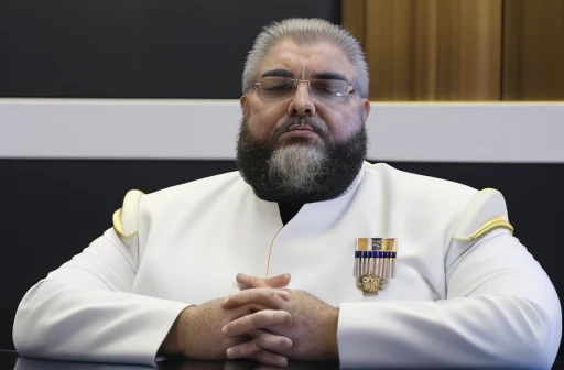 8 Generais estão em uma mesa de vidro , ao centro da mesa tem um aparelho que usa uma tela de olho grama mostrando o universo, The space general wears a futuristic uniform, he is fat bearded, long sleeve uniform , he has his arms crossed seriously, speaking to the viewer, He wears a white general&#39;s hat on his head. Visão completo de todos os participantes da reunião.
