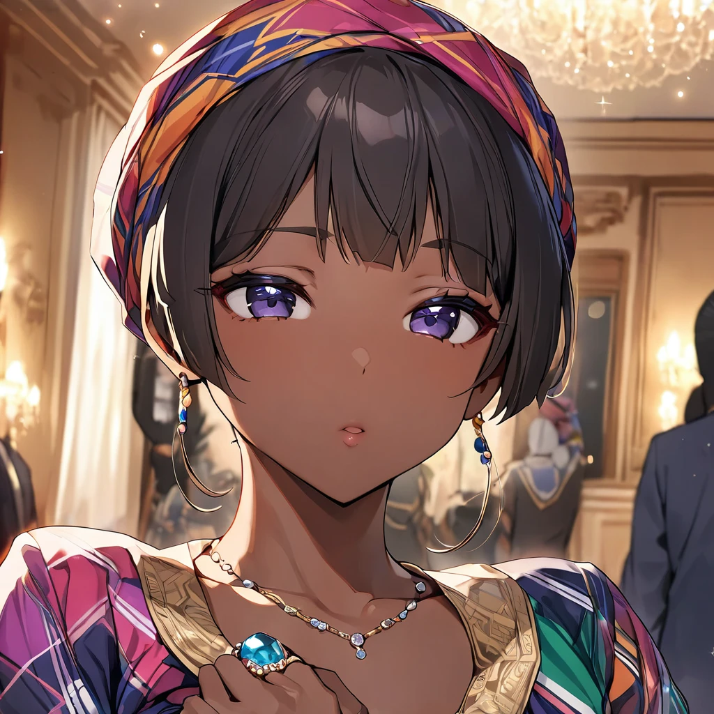 ((Highest quality)), ((masterpiece)), (detailed), (Perfect Face)、The woman, Usagi Tsukino, is a black Ghanaian with vivid dark skin, and is wearing a gorgeous, colorful, glittering smock, a colorful turban head scarf, gorgeous jeweled accessories, and an engagement ring in a luxurious Ghanaian mansion.、The woman is the elegant Tsukino Usagi, with long blonde hair in a chignon twin tail, wearing a colorful smock and a colorful turban head scarf, and has vivid dark brown skin. She is a black Ghanaian Tsukino Usagi.、(The woman is a black Ghanaian with vivid dark brown skin.)