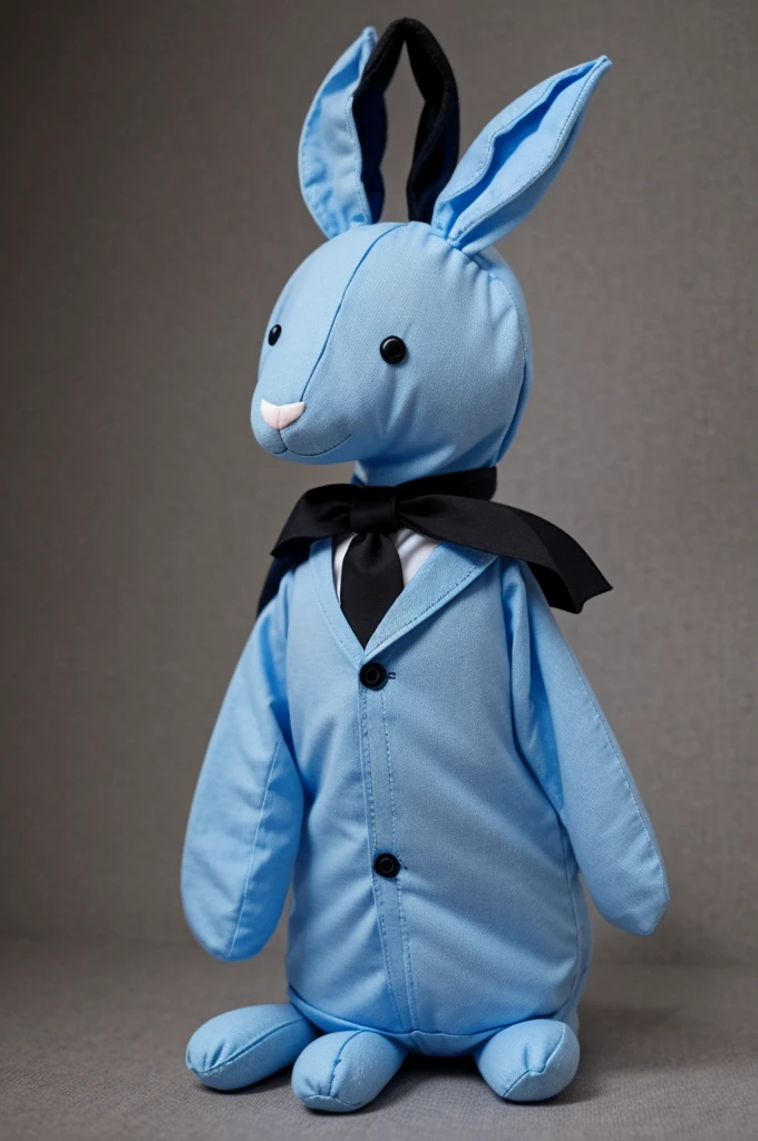 Make a very tall rabbit with kangaroo legs and a blue shirt without pants and with its ears falling back and with very black eyes without a nose. Make it a fabric rabbit that looks like a nightmare. 
