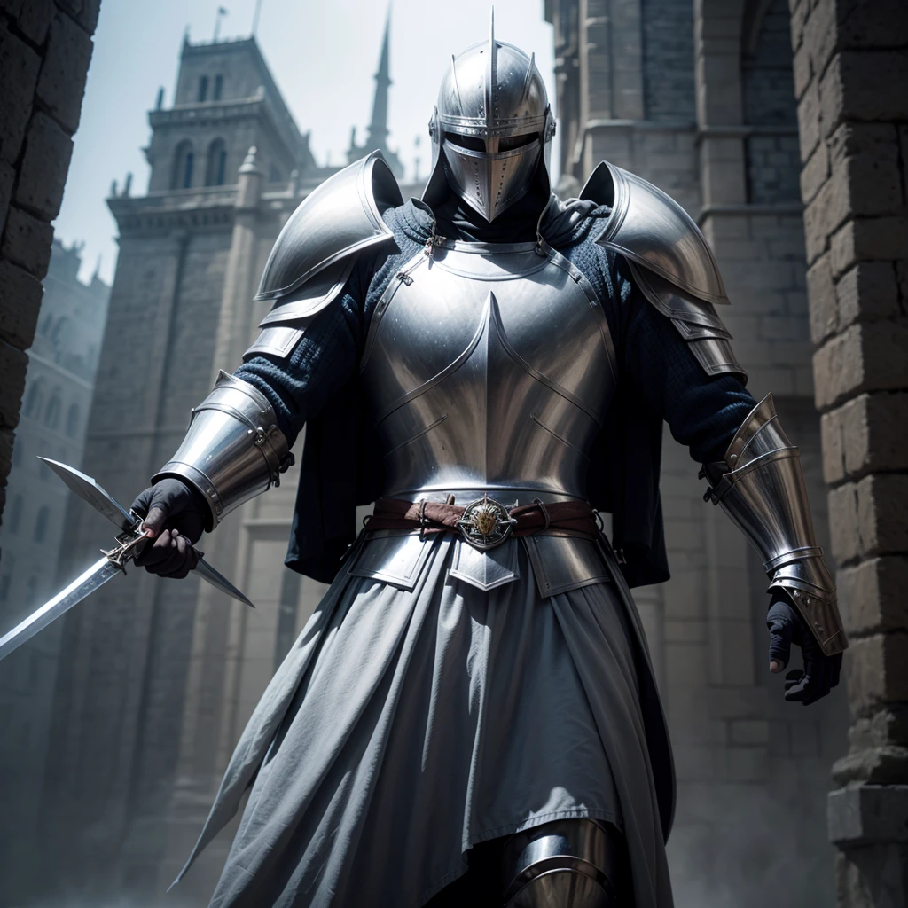 Create an image of a knight in armor, fighting evil spiritual forces