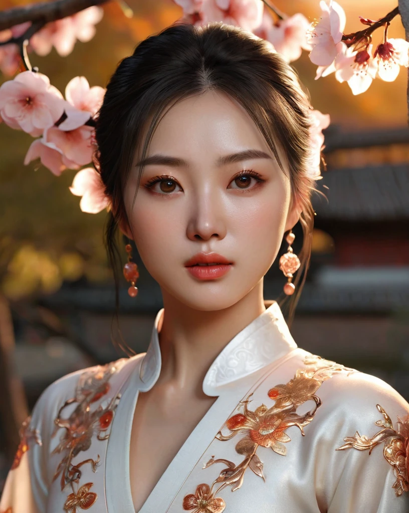 a beautiful korean girl, 31 inch breasts, wearing a luxury white fantasy traditional chinese dress, in an ancient peach garden, sunset light, bokeh background, (best quality,4k,8k,highres,masterpiece:1.2),ultra-detailed,(realistic,photorealistic,photo-realistic:1.37),video game style, mortal kombat style, extremely detailed eyes and face, longeyelashes, beautiful detailed lips, detailed portrait, elegant pose, warm color tones, dramatic lighting, cinematic composition
