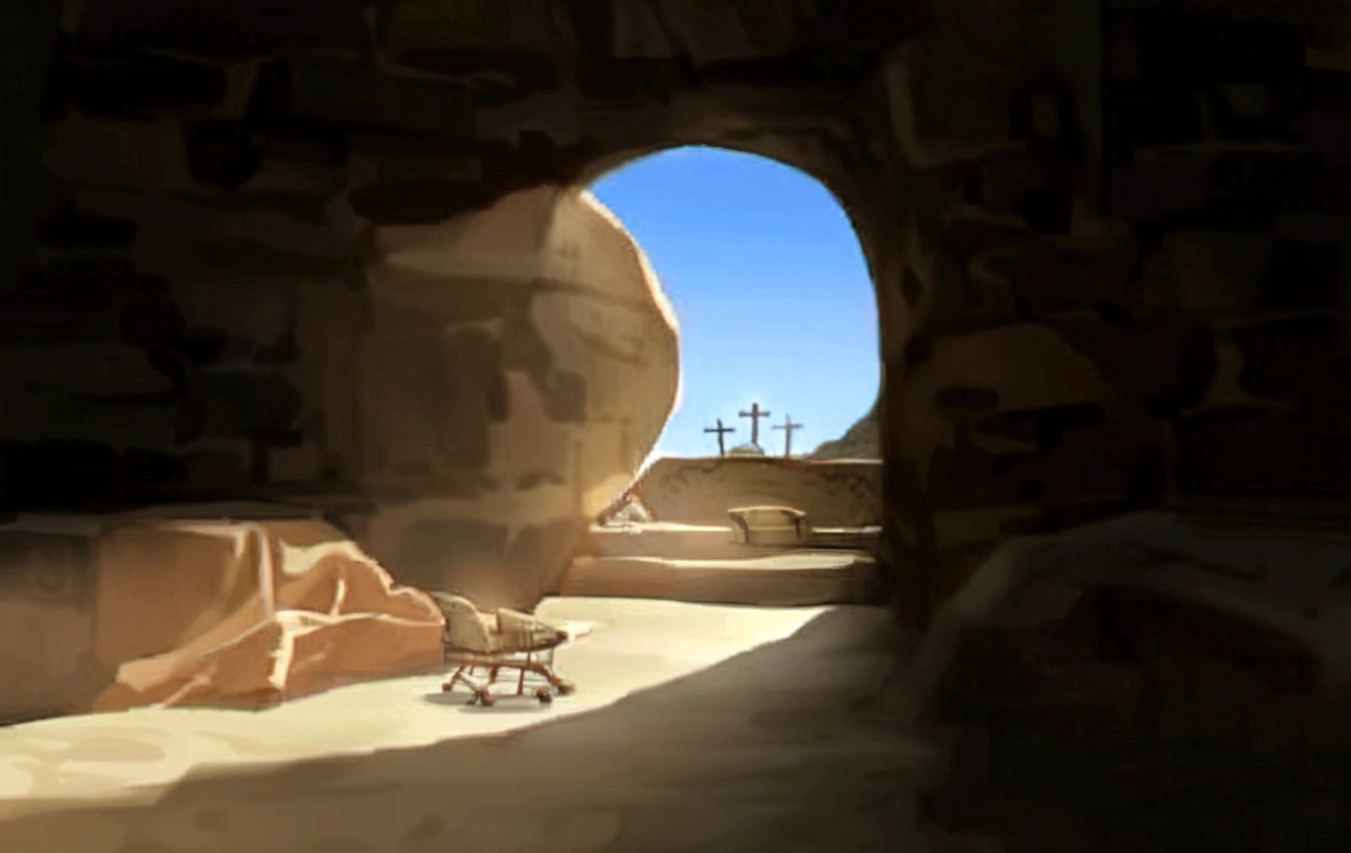 there is a cave with a cross in the middle, inside a tomb, Inside the tomb of Jesus, Easter, Dentro do sepulcro, In an ancient tomb, shadow of the cross, dentro de uma cripta, levantando-se de uma cripta, tomb, buried sparingly, sacro light, sacro, sacro place, in an ancient altar