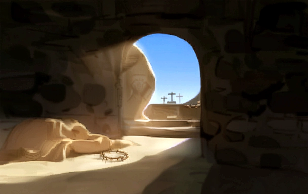 there is a cave with a cross in the middle, inside a tomb, Inside the tomb of Jesus, Easter, Dentro do sepulcro, In an ancient tomb, shadow of the cross, dentro de uma cripta, levantando-se de uma cripta, tomb, buried sparingly, sacro light, sacro, sacro place, in an ancient altar