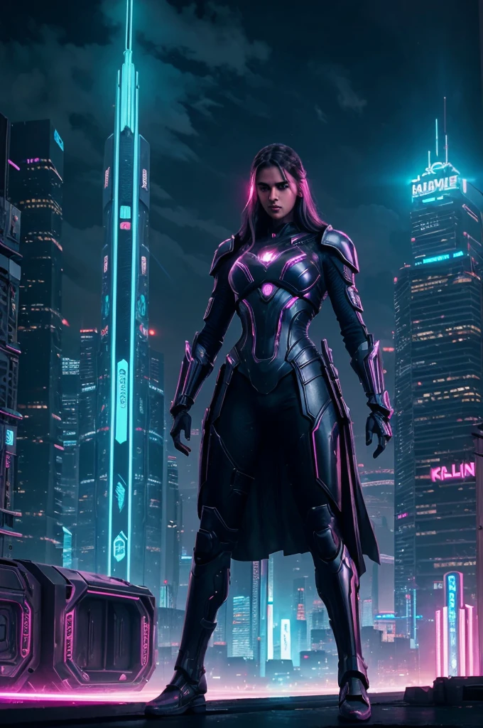 Create a high-resolution thumbnail for 'Kalki 2898 AD', depicting a futuristic cityscape with advanced technology and neon lights. Include a heroic figure in a sleek, futuristic armor standing in the foreground, with a dramatic sky in the background. Add the movie title in bold, futuristic font."