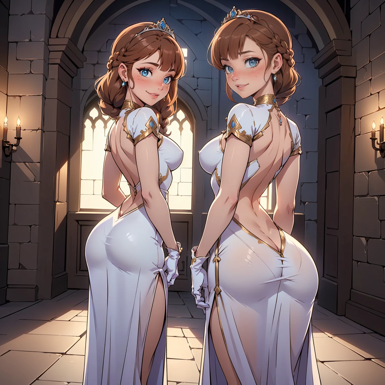ariel, ((brown hair, bangs,Double braid, tiara, glowing blue eyes, lipstick, makeup, narrow waist, skinny, medium breasts, alone, jewelry, earrings)), pelvic curtain, ((white dress, wedding dress, Scooped up the ass, gloves)), full body, perfect body, (insanely detailed, beautiful detailed face, masterpiece, best quality) , (((solo))), (((1girl))), (((mature))), (extremely detailed 8k paper CG wall unit: 1.1), (wedding, castle, church, dusk), (smile face for the viewer), from behind,