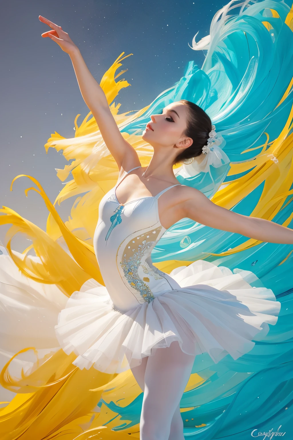 **Captivating and beautiful ballet dancer, her dress vibrant and painted in bright colors, in each movement she releases white, gray, yellow and sky blue paint, creating a unique and unrepeatable symphony, very visual and dynamic on a textured background**