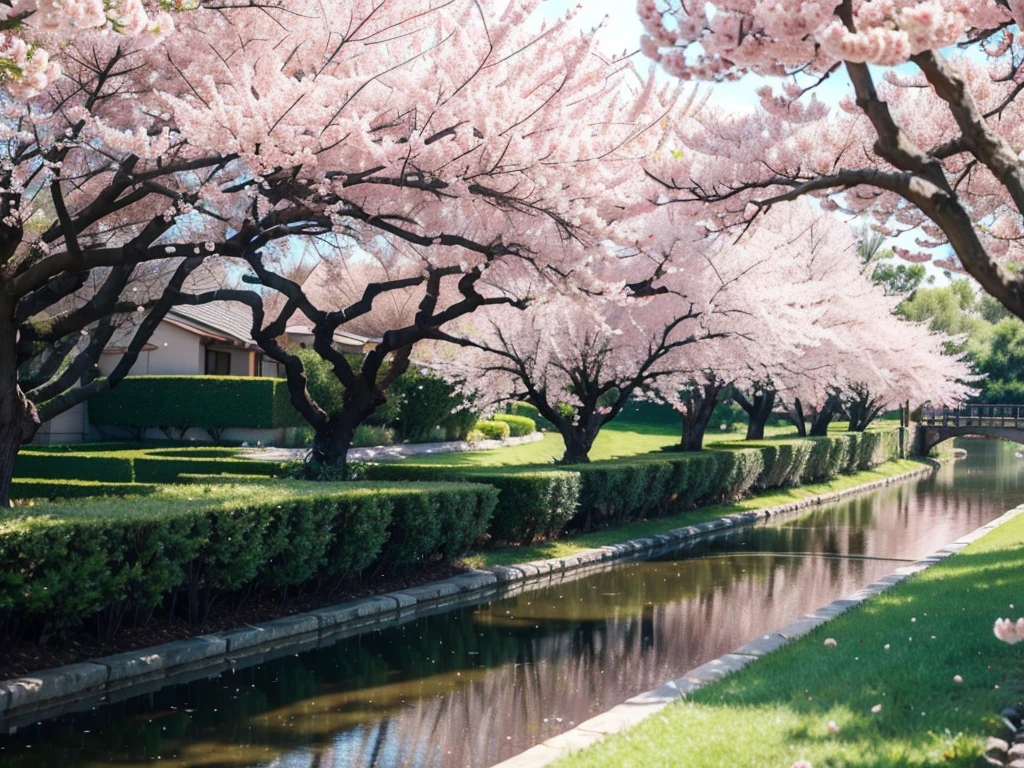 8K HD quality, Pink peach trees, paths, grass, rivers, and lots of peach blossoms