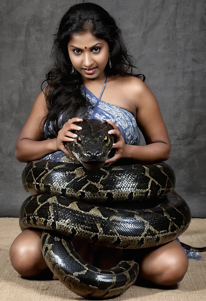 Pregnant Happy Horny, aroused 1girl), beautiful kneeling Indian  young teen girl with  giant colossal black titanboa squeezing her hard, wrapped in thick spiraling coils, constricted, struggle, gasping for air, snake attack, snake peril, moonless night, dim light