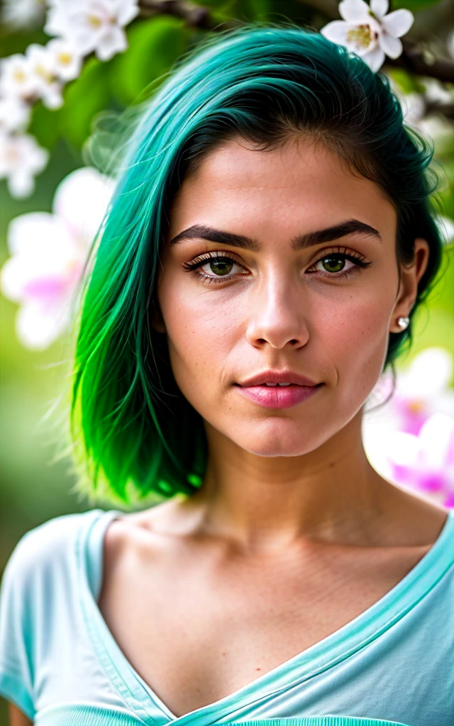 mulher com cabelo encaracolado vestindo uma saia e blusa com olhos verdes sedutores detaildeds em um quarto moderno, masterpiece best quality, photorrealistic, detailded, 8K, HDR, shallow depth of field, broad light, hight contrast, backlight, blossom, clear sparkles, chromatic aberration, sharp focus, foto colorida RAW