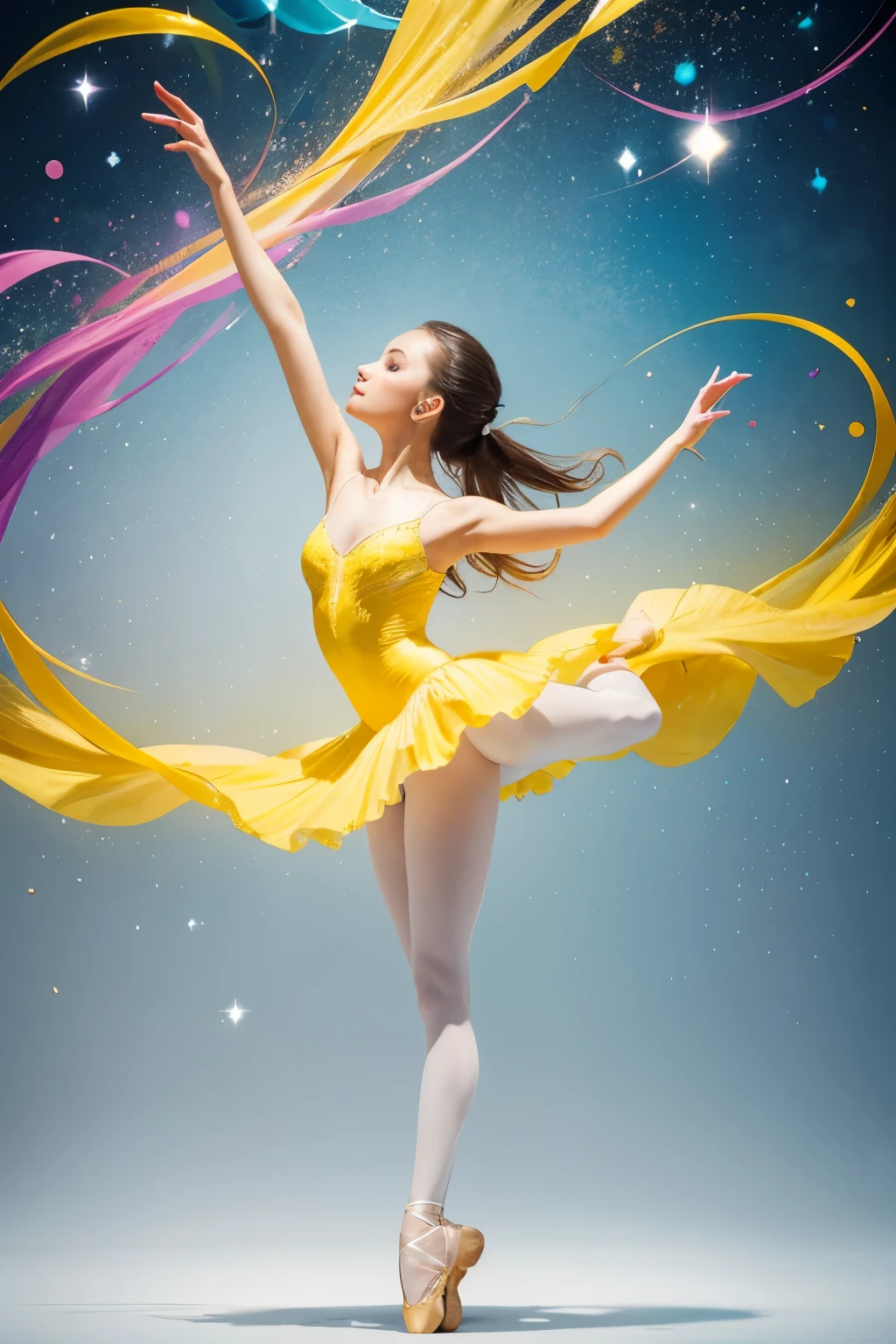 **Captivating and beautiful ballet dancer, her dress vibrant and painted in bright colors, in each movement she releases white, gray, yellow and sky blue paint, creating a unique and unrepeatable symphony, very visual and dynamic on a textured background**