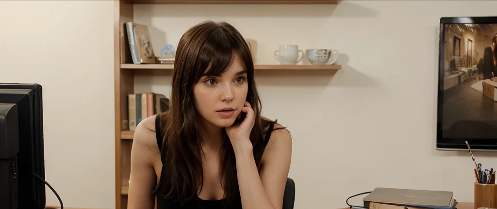 1girl, One Very thin skinny tall pretty skinny zoey deutch, 39 years old, mid long hair, bangs, fringe hair, chatain hair ,bangs hair falling over the forehead, heavy bangs, mid-long hair, sitting on a office chair, talking to the phone, brick wall behind her, art tableaux, cup of tea, office computer, books on shelves, close to the skin dress, very tight dress, central focus point, in the center