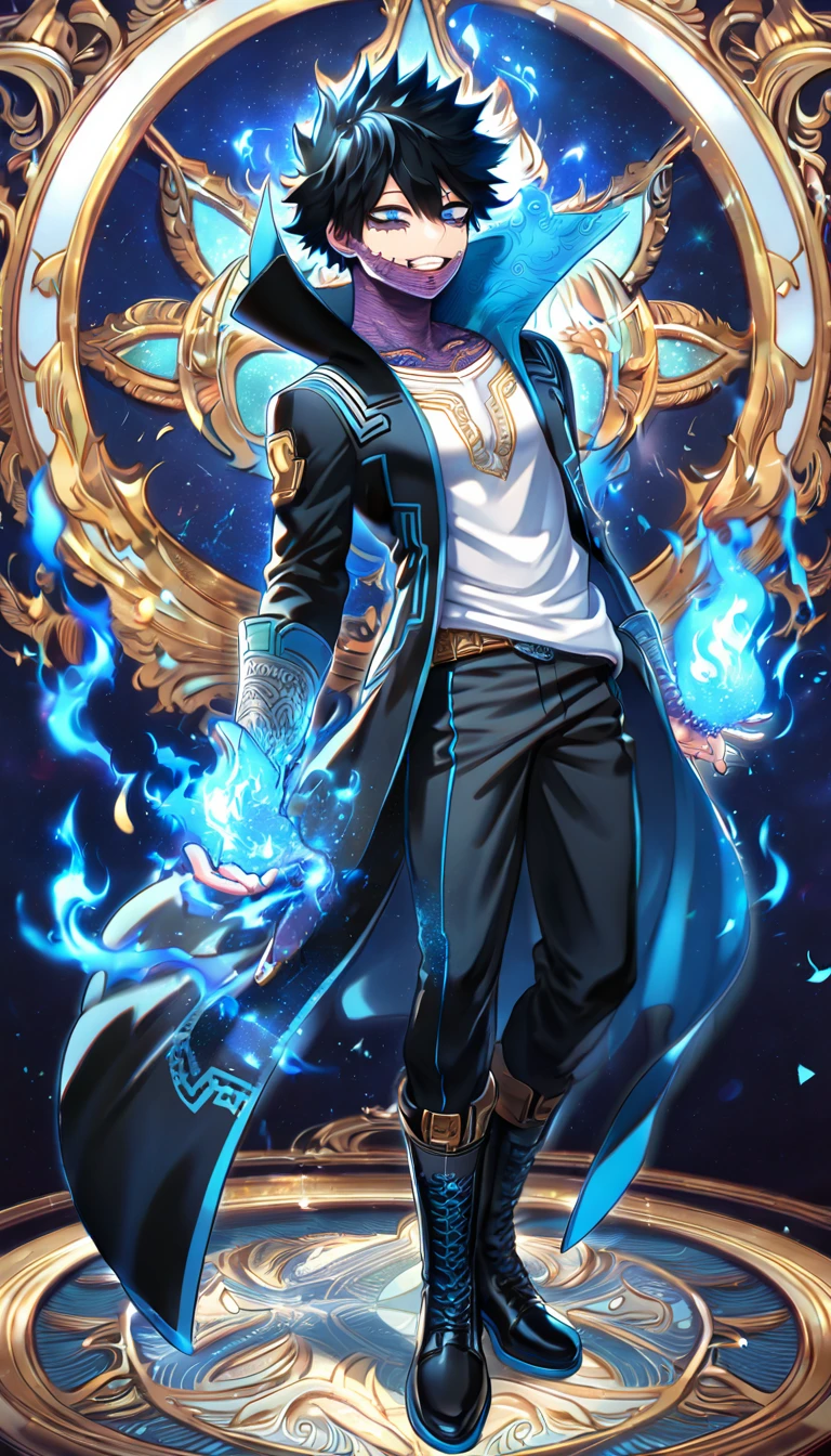 absurdres, highres, ultra detailed, HDR, master piece, best quality, extremely detailed face, delicated features, Dabi, black hair, expressive turquoise eyes, Boku No Hero Academia, sexy man, solo, handsome, smiling, black coat with high collar, white T-shirt, black pants, black boots, full body, fantasy, magical, blue fire, starry sky, blue lights, blue flames background, blue background