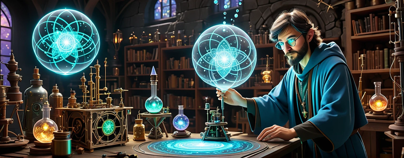 Techno-mage's laboratory":
"Depict a fantastic laboratory where scientific instruments coexist with magical artifacts. In the foreground, a maker-wizard creating a holographic projection of an NFT artifact. Around him, miniature drones resembling fairies are flying. In the background, a large 3D printer is printing a magical staff. The walls are adorned with glowing runes and screens displaying code.