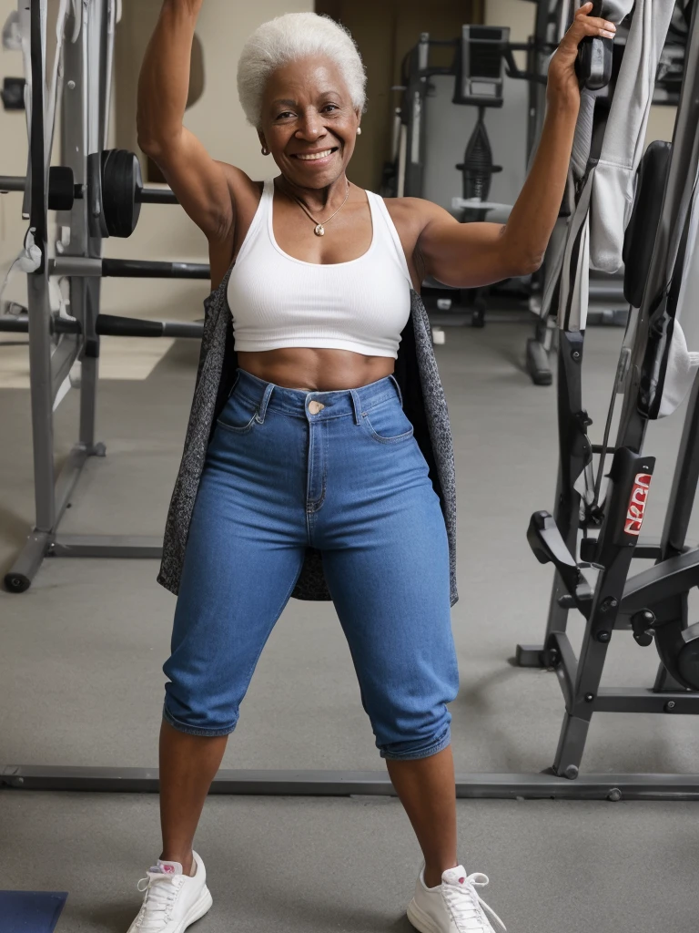 Androeda, solo, realistic, black girl, ((85-year-old girl)), ((mature)), ((old woman)), ((wrinkled woman)), african american old woman, old black woman, dark-skinned, (((upper body and upper legs))), ((at the gymnasium)), ((selfie shot)), smiling, wearing attractive cardigan and jeans, white hair