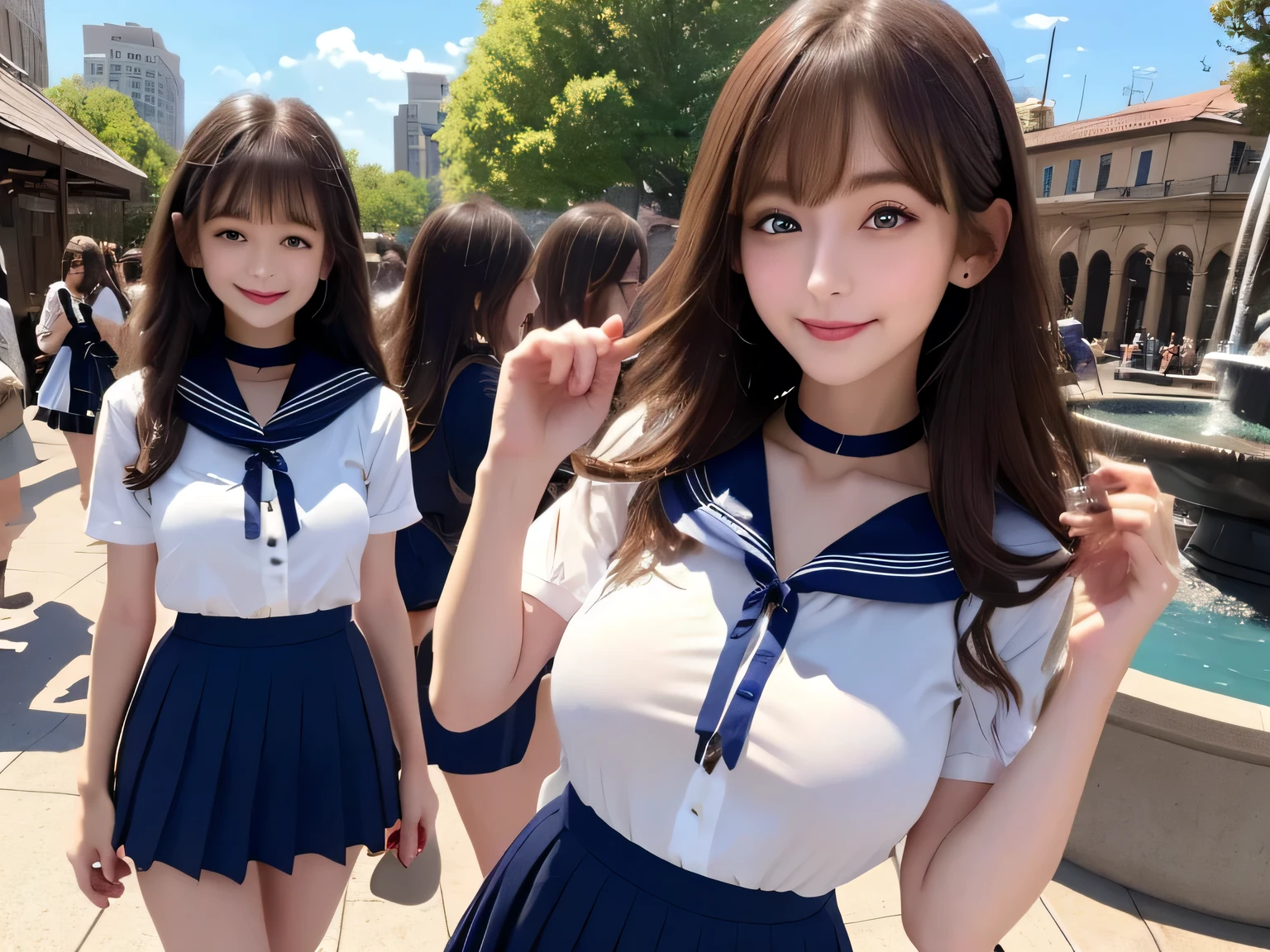 100 Girls,Crowded, Long Hair, Brown Hair, sexly, A row of girls, Girls standing in a row, Girls only, Sisters, ((uniform。Sailor suit、mini skirt)),Full body photo:1.9, adorable, smile, Slim face, Slim body, Short Brown Hair, 32k, masterpiece, Best image quality,Ultra-high resolution,Perfect hands,Black Choker、blue eyes、bangs、Very numerous and very long eyelashes, Lots of girls、 Dependents, Fully booked, Big Breasts、Beautiful girls in sailor suits、Big Breasts、Huge breasts、Fountain Square、blue sky