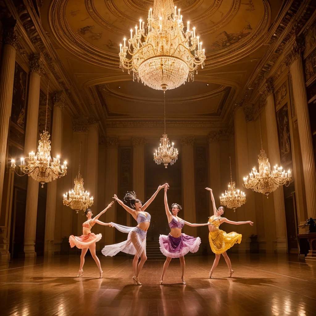 Three pretty, beautiful women perform an intensely synchronized dance in a large hall under a chandelier. The scene is grand and powerful, with dynamic shots capturing the energy and precision of their dance. Lighting includes flashing lights and dramatic color changes to enhance the dramatic effect.