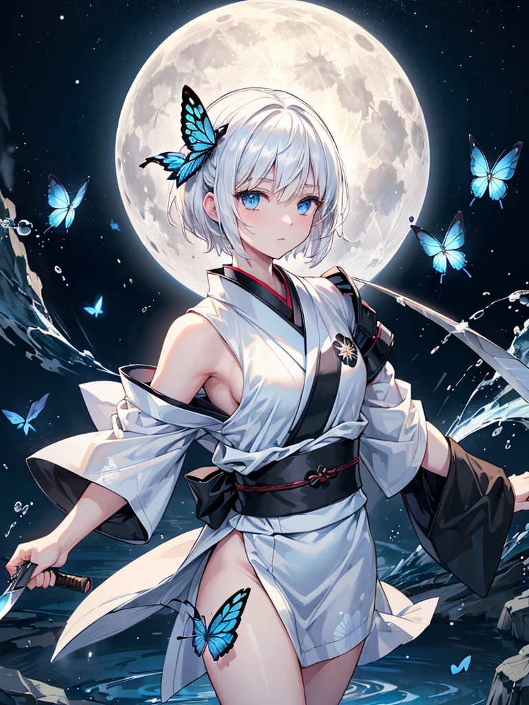 (((1))) ((High resolution white hair short hair black kimono shoulder))) ((Black band military commander lonely despair blue eyes)) ((Blue butterfly night Japanese style old shining aura garden water surface)) (Dance Japan Knife Knife Slash) Moon Star Catch the slashing wind that pulls out the sword