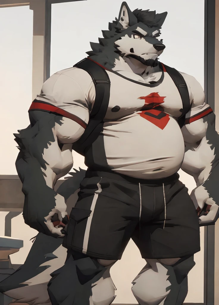 A full body shot of a giant muscular wolf furry, Massive pecs, massive arms, chubby belly, thick thighs, fluffy tail, wearing tight white shirt and black gym shorts, intimidating look, grey fur