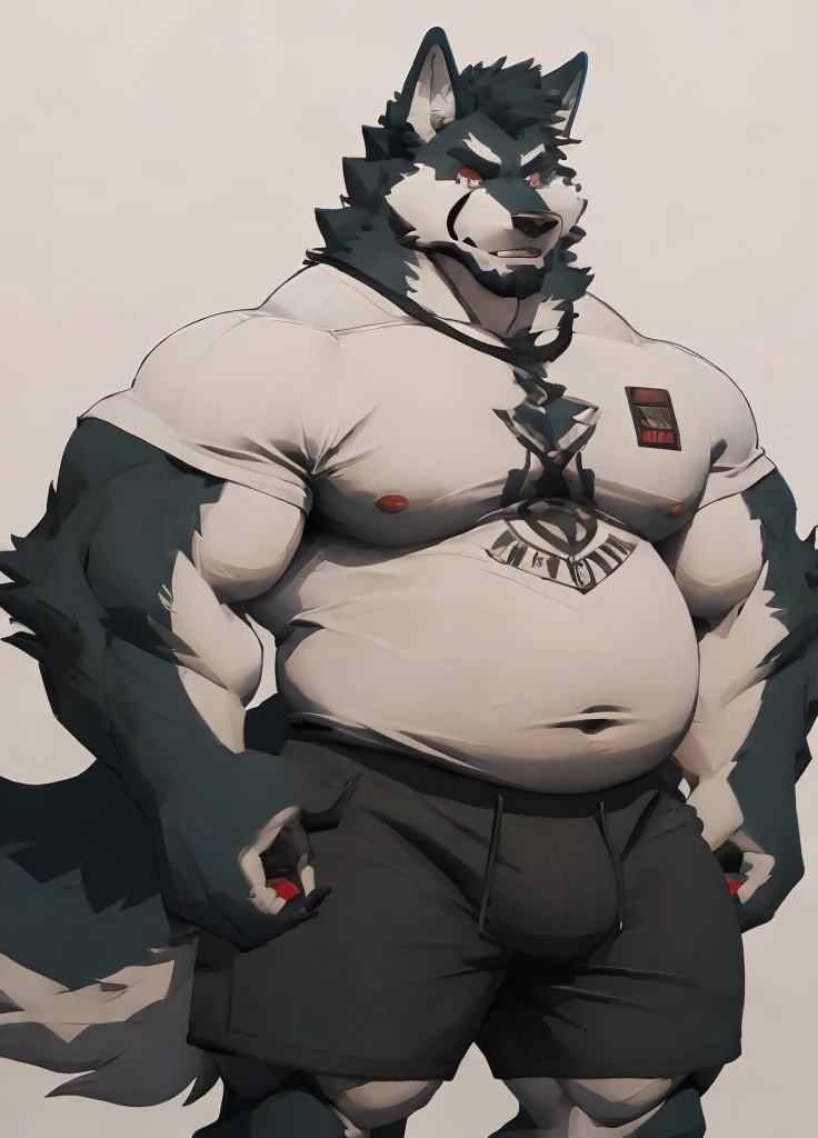 A full body shot of a giant muscular wolf furry, Massive pecs, massive arms, chubby belly, thick thighs, fluffy tail, wearing tight white shirt and black gym shorts, intimidating look, grey fur