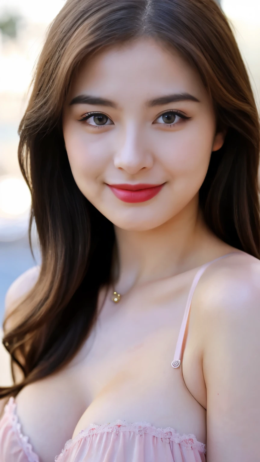 Hyper realistic, Beautiful, cute Face, 20 Years old russian ta Girl, blue eyes, red lipstick, sensual Lipstick, (nude), Detailed Strapless pink G-string, cleavage cutout, Rounded Breast, slightly Chubby , luxury necklace, White Skin, Smiling, Dark City Background, mid shot, upper body, Perfect Potrait, Bokeh Effect, Look at Viewer, Perfect Eye, Perfect Hand, (breastssize:1.2), ((adorable:1.2)), ((masterpiece:1.1)), ((bokeh:1.2)),