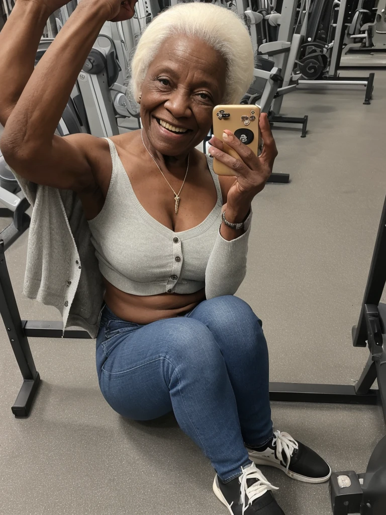 Androeda, solo, realistic, black girl, ((85-year-old girl)), ((mature)), ((old woman)), ((wrinkled woman)), african american old woman, old black woman, dark-skinned, (((upper body and upper legs))), ((at the gymnasium)), ((selfie shot)), smiling, wearing attractive cardigan and jeans, white hair